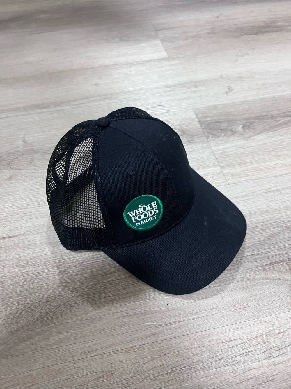 Whole Foods Market Black Mesh Trucker Hat with Green Logo